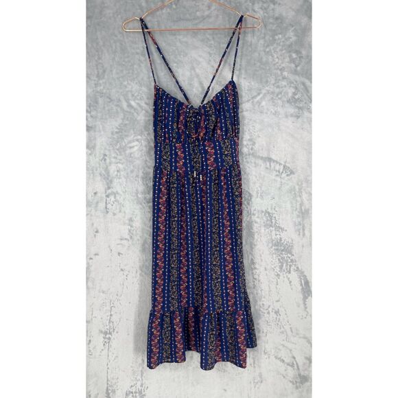 BCBG Paris Sun Dress Womens Medium Blue Multicolor Printed Crepe Ruffle Hem Midi - Picture 1 of 13